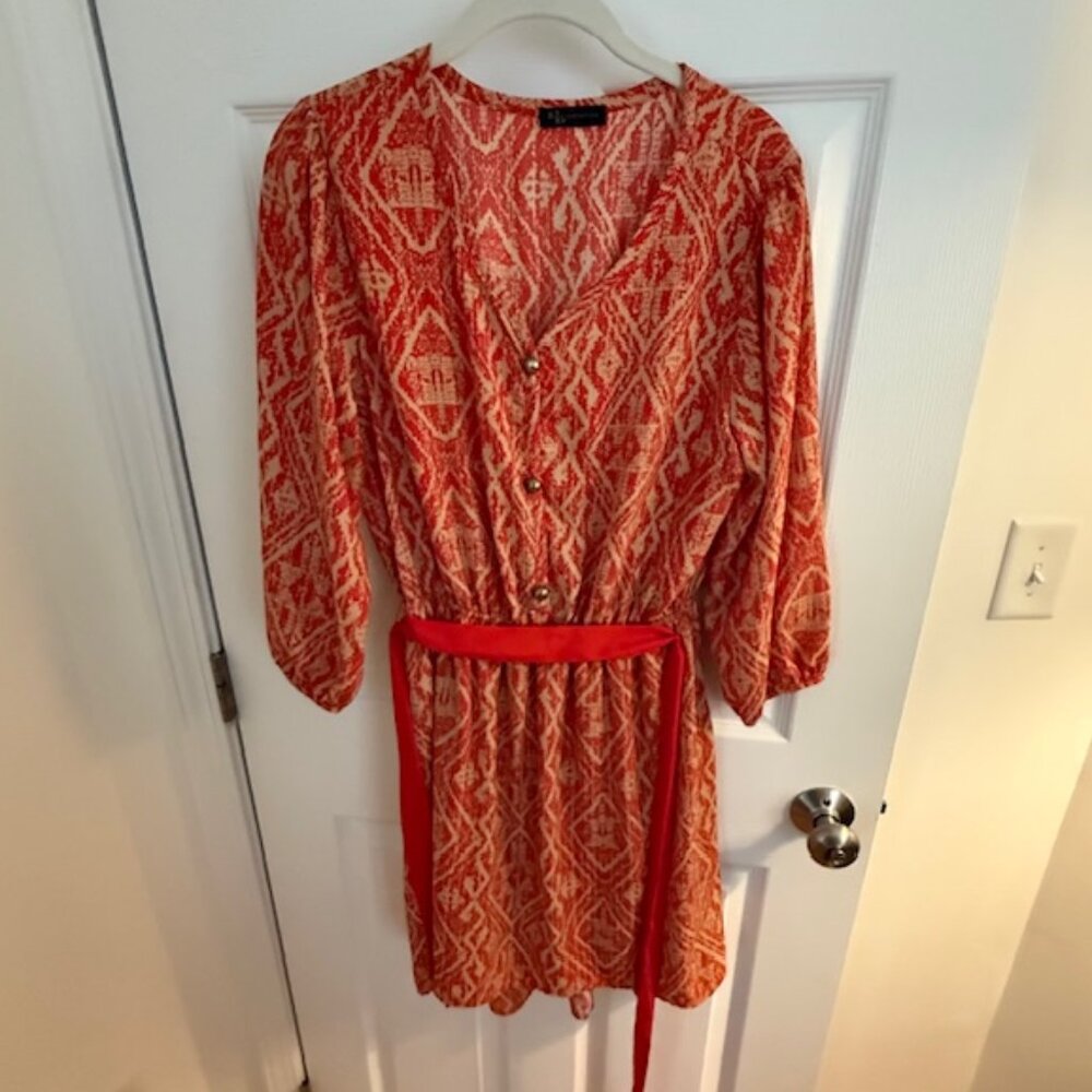 KLD Signature Dress, Red and Tan with Belt; Size Large